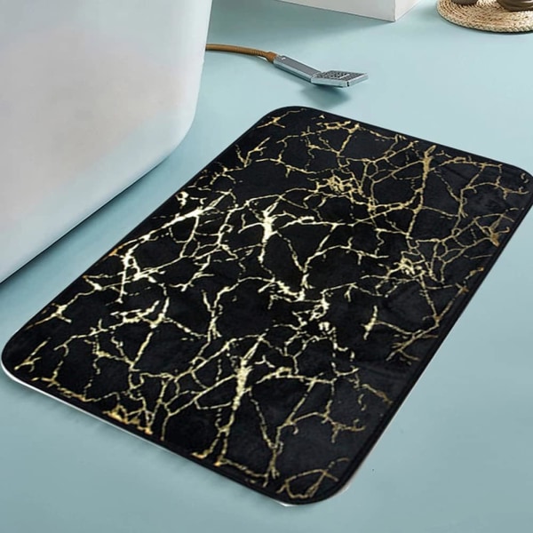 Faderr Teksturert Marmor Look Badematte Hurtigtørkende Sklisikker Rektangulær Polyester for Bad Kjøkken Soverom Svart
