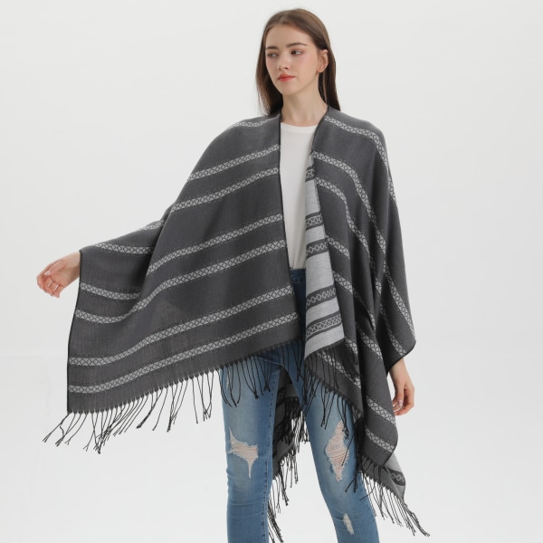 Grå høst- og vinterponcho for kvinner, åpen skjerf med lommer