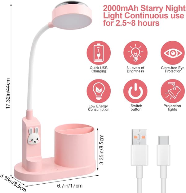 (Rosa) Bordlampe for barn gutter/jenter, Nattbordslampe med pennholder