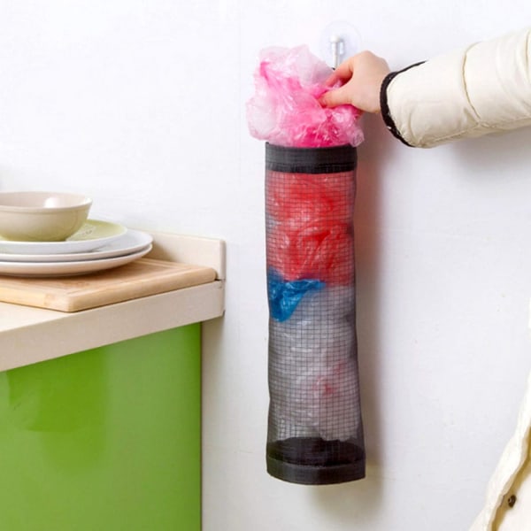 Hengende søppelposeoppbevaringsstativ Handleposer Dispenser Beholder Vaskbar Foldbar Mesh Søppelpose for Hjem og Kjøkken Organizer Svart