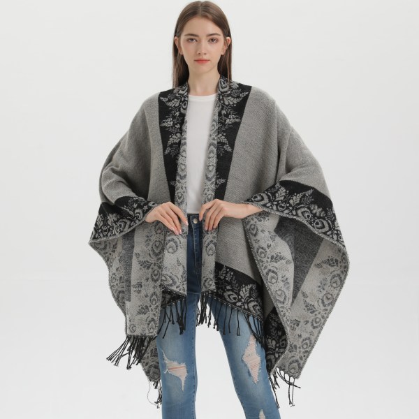 Grå sjal dammode street jacquard delad varm kappa utomhus