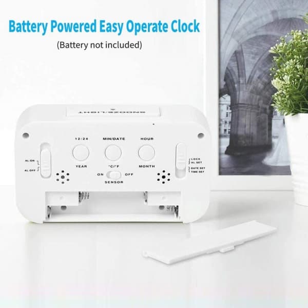 Vit digital väckarklocka med stor LCD-temperaturdisplay, fladdermus