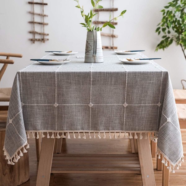 Splejs støvtæt dug, rektangulær pompon dug, dug til køkkenbord og sofabord dekoration, (140*220 cm, grå ternet)