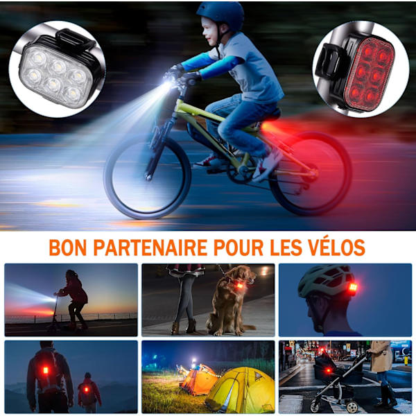 Cykellygte, cykelfor- og baglygter, IP65 vandtæt USB-opladning