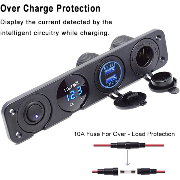 Bil lader bryterpanel, Dual USB lader funksjon + LED Voltmet