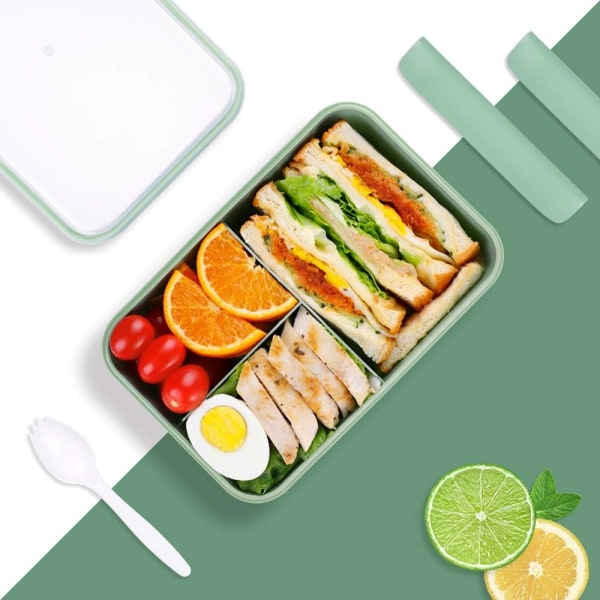 Bærbar Frokostboks 3 Rum Madbeholder til Voksne BPA-fri Opvaskemaskine Sikker 1150ML (Grøn)