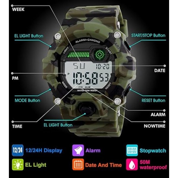 Digitala barnklockor, pojkar sport militärklocka med alarm/timer