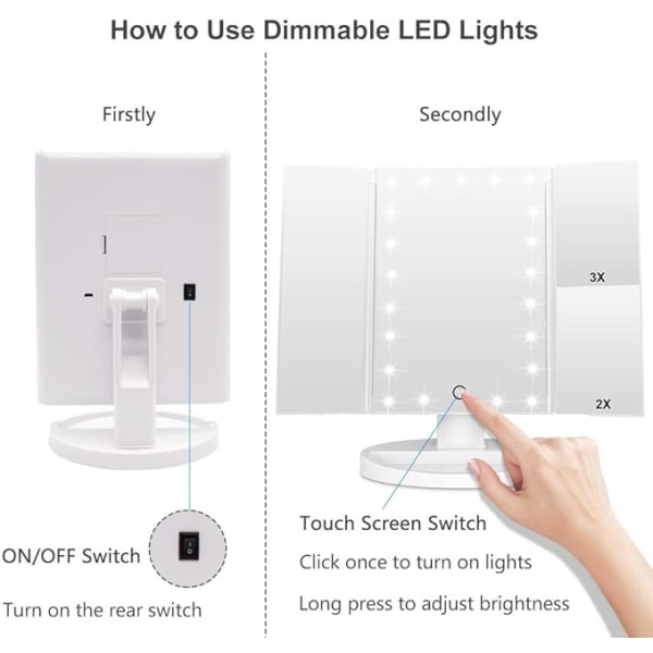 Forfengelighetsspeil, 21 LED-lys og 1X / 2X / 3X forstørrelse, berøringsbryter