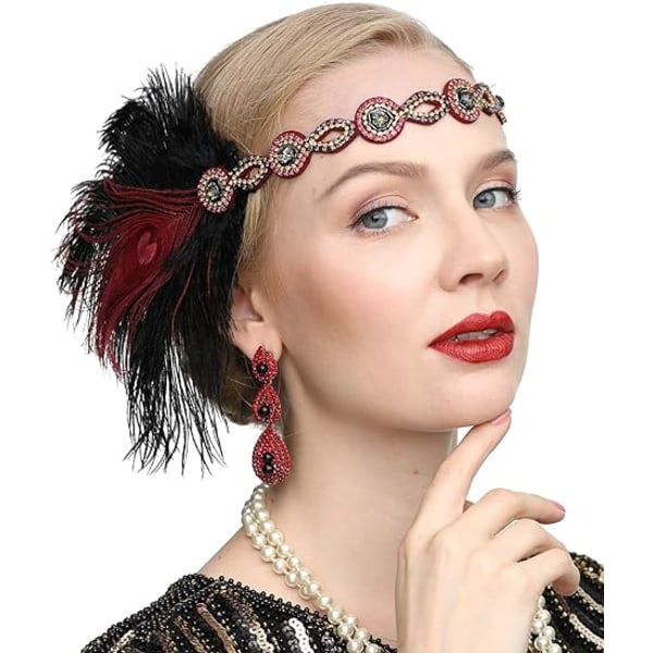 1920'erne Gatsby Flapper Feather Pandebånd Tilbehør Brølende Generation Hovedbeklædning med Hot Red Feather Bohemian Rhinestone Feather Pandebånd