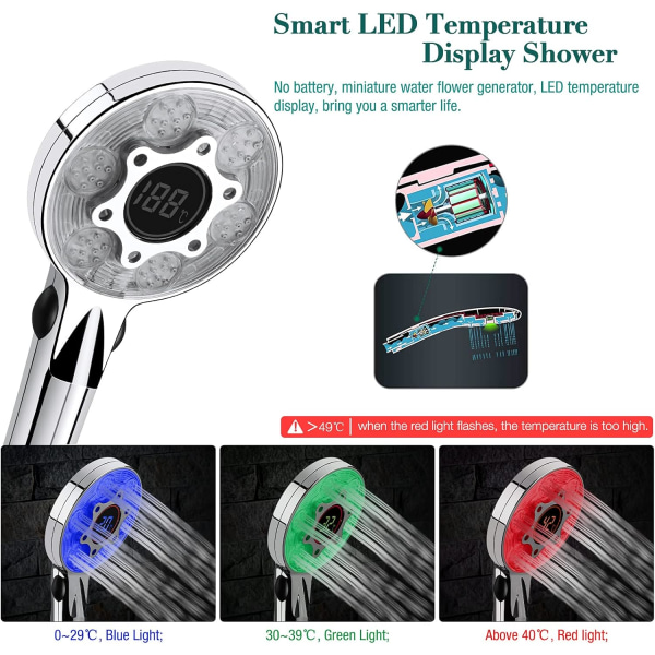 LED dusjhode 3 farger dusjhode med temperaturvisning baderom dusjhode vannsparende dusjhode baderom dusjhode universal