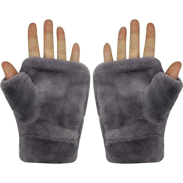 Mjuka och varma gråa damhandskar i plysch med söt kattdesign