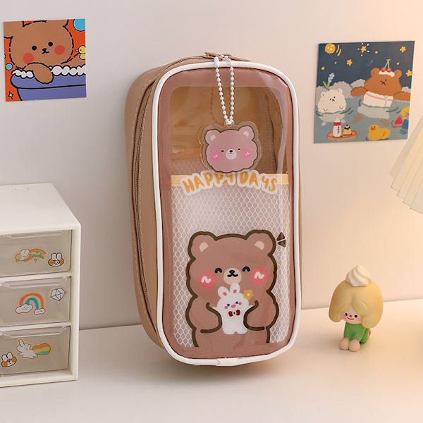 Brun Kawaii Etui – Sød æstetisk etui til piger, stor