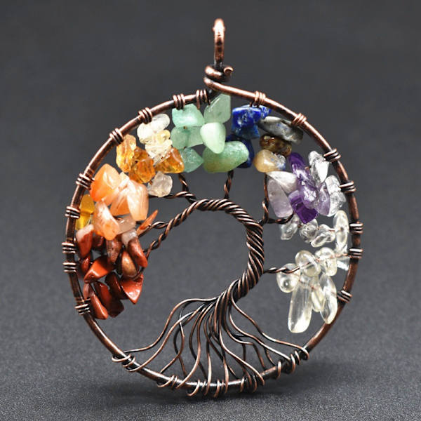 2PCS Rund 7 Chakra Livets Träd Wire Wrap Hänge Halsband Heali