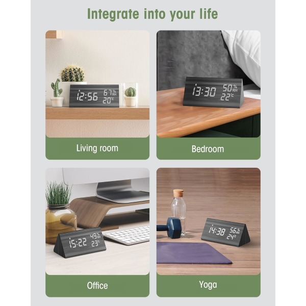 Trädigital väckarklocka, digital klocka med snooze/datum/temper