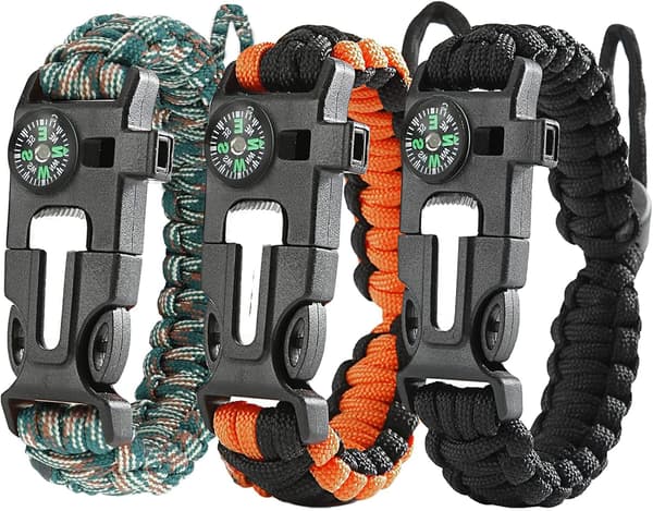 3-pack Flint Survival Paracord Armband, Eldstarter, Skrapa, Kompass