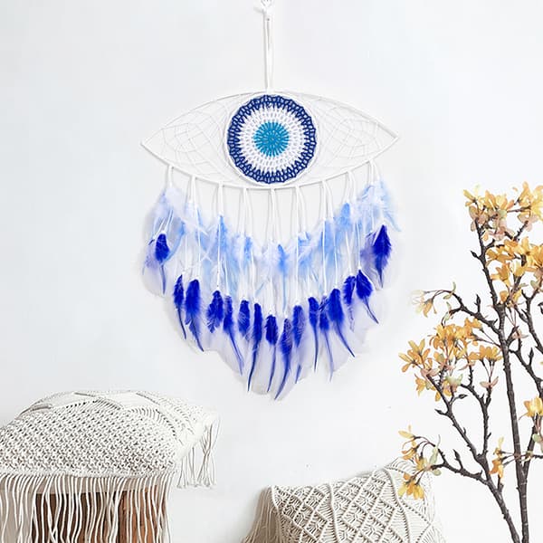 Macrame Evil Eye Dream Catcher Håndvevde Hvite Fjær Dreamcat