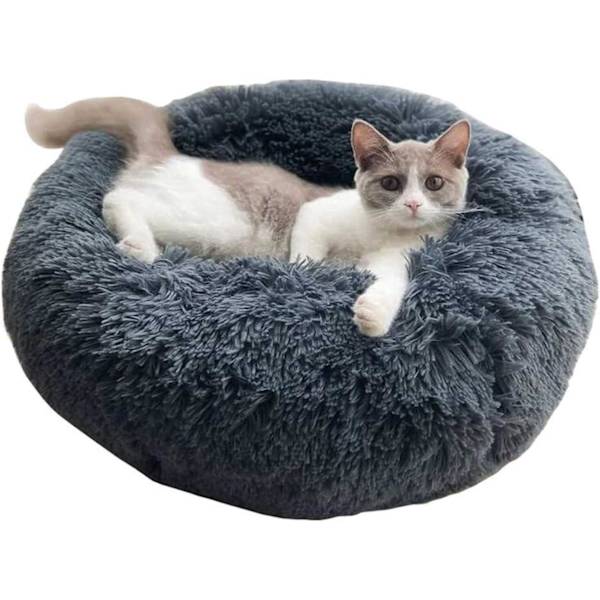 Rund hundekurv kattepute donut plys ekstra blød komfortabel katteseng vaskbar hundepude til katte og små hunde 40cm (mørkegrå)