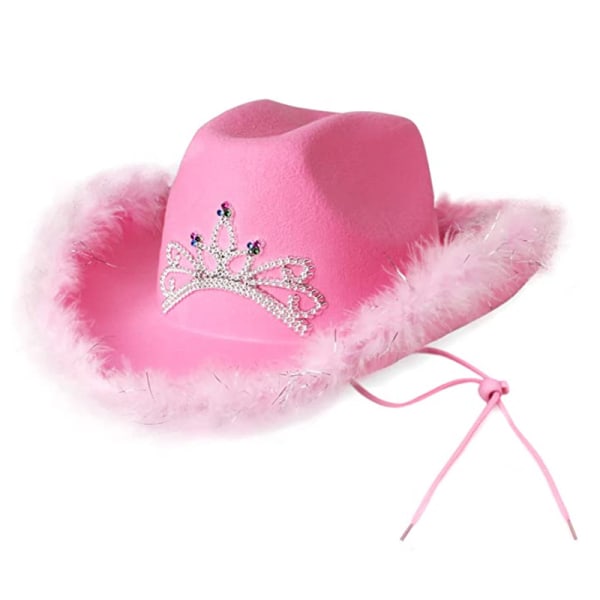 Pink cowboyhat - krone med fjerbeklædning (Pink, One Size, 2)