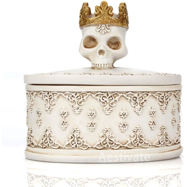 Skeleton Head White Skull smykkeskrinholder Organizer med krone
