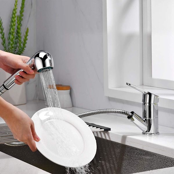 Diskho-blandare med låg pip, köksblandare med utdragbar spray, krom silver