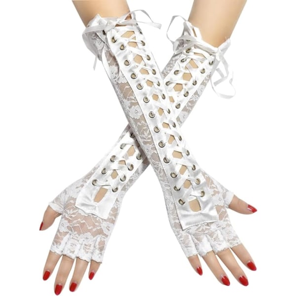 Fingerlösa handskar för kvinnor, långa sexiga satinhandskar med snörning