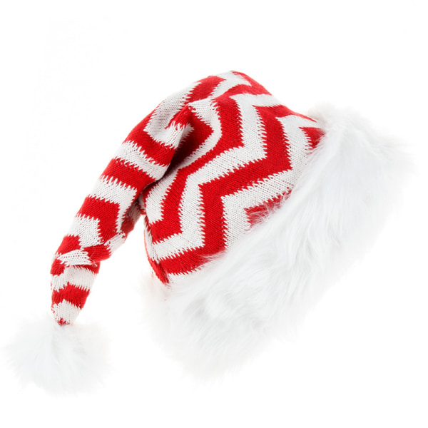 Strikket julehue, julehue til voksne, Unisex hvid komfortplys tykkere julefestartikler (rød stribe)