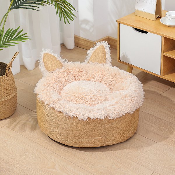 Lemmikkipeti, pehmeä kissanpeti, pyöreä koiranpeti, pehmeä peti koko 35 cm, lemmikkieläinten peti nukkumiseen ja lepoon talvella (keltainen)