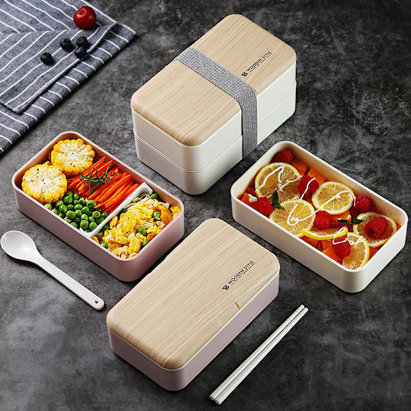 Stapelbar Bento Box Japansk Lunch Box Kit med sked och gaffel, 2 Co