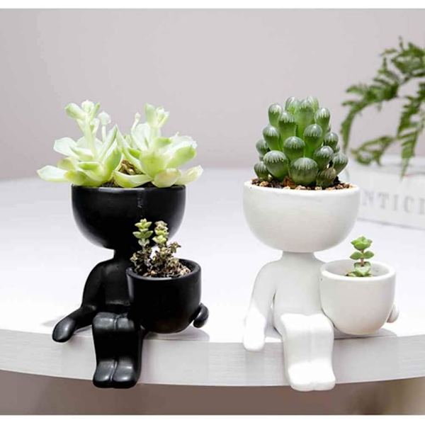 Keramisk Blomsterpot Portræt Blomsterpot Bord Sukkulent Kaktus Humanoid Vase Desktop Blomsterstand Sort Plantebeholder 6X6x10cm (Sort)