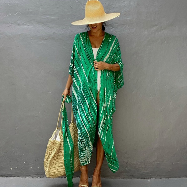 Snygg Tie Dye Öppen Framtill Lång Kimono Baddräkt Cover up