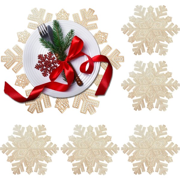 Sett med 6 juleservietter (gull), 38 cm PVC med Snowflakes Pla