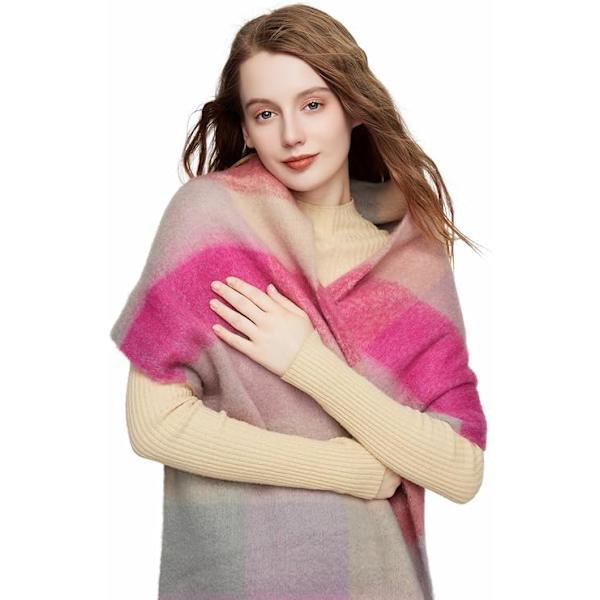 Stort lyserødt ternet cashmere-tørklæde til kvinder, stort farverigt ternet s