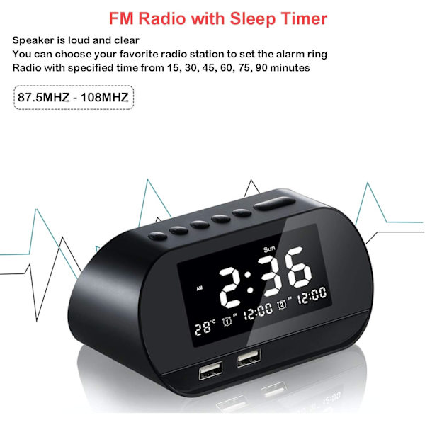 Kelloradio FM-radiolla, digitaalinen herätyskello, sisälämpötila