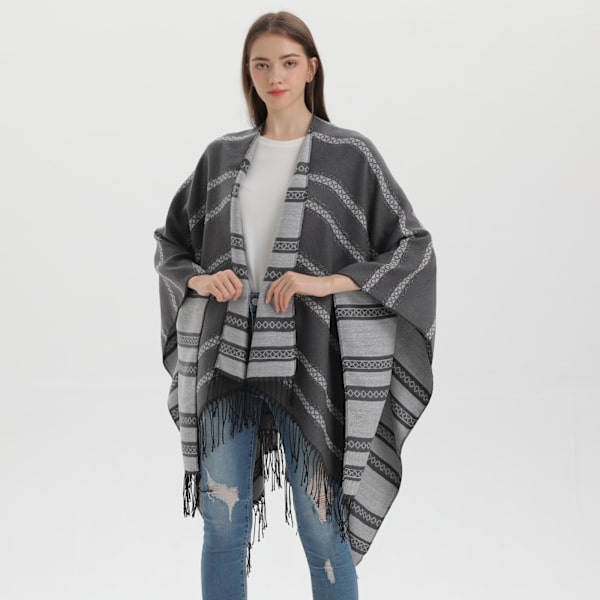 Grå höst- och vinterhalsduk för kvinnor, öppen poncho-sjal