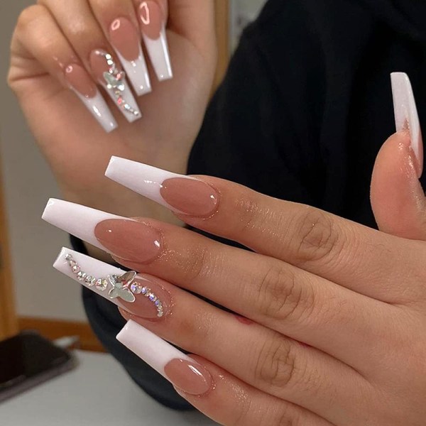 24 st Press on Nails Långa falska naglar Akryl Balett Fransk Vit Illuminate Butterfly tejp på naglar Design Naglar för kvinnor och flickor