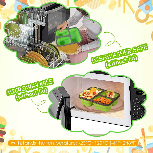 Hopfällbar Silikon Bento Box 3 Fack Eco Silikon Hopfällbar Bento Lunch Box Kit BPA-fri, Säker i Mikrovågsugn, Diskmaskin och Frys (Grön)