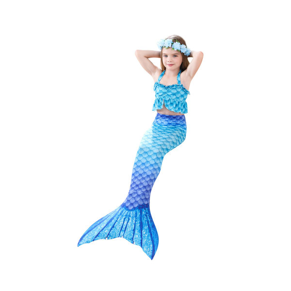 Girls Mermaid Tail Badetøy med bikinisett (blå)