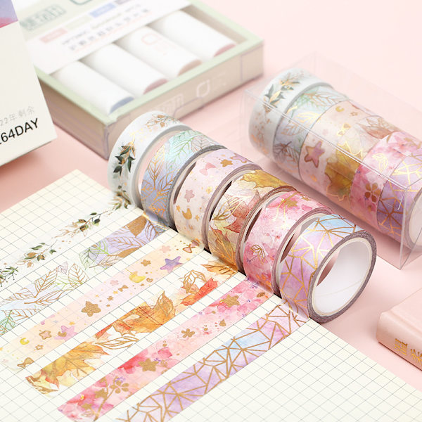 6 rullar blommig Washi-tejp, dekorativ maskeringstejpsats i guldfolie