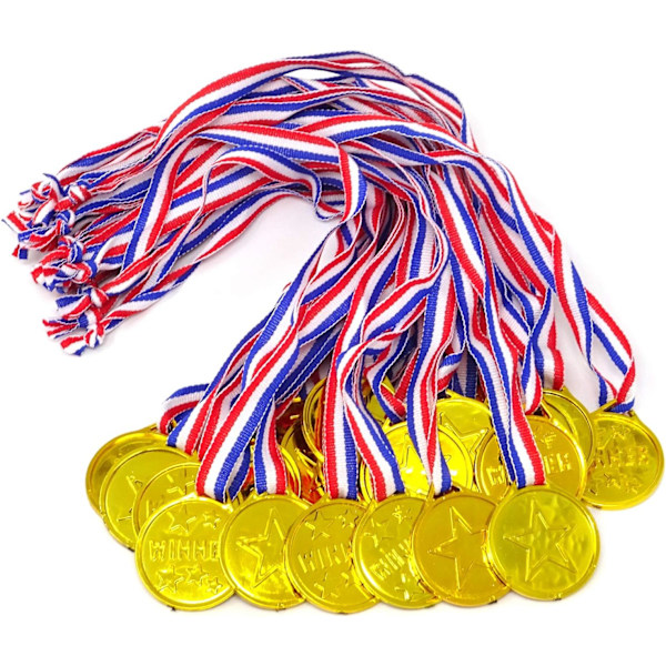 24 stk gullbelagte plastvinnermedaljer for fester, spill og sport