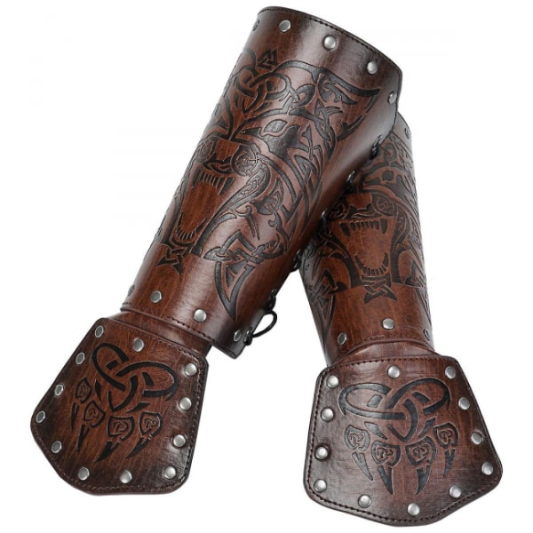 Brun Arm Bracer, varghuvud präglad konstläder Arm Armor, medeltida