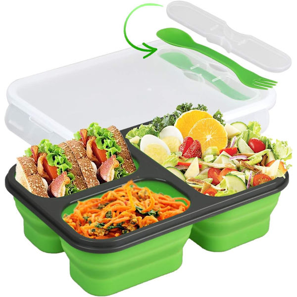 Hopfällbar Silikon Bento Box 3 Fack Eco Silikon Hopfällbar Bento Lunch Box Kit BPA-fri, Säker i Mikrovågsugn, Diskmaskin och Frys (Grön)