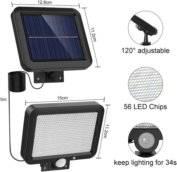 56 LED Utendørs Solcellelampe med Bevegelsessensor, IP65 Vanntett LE