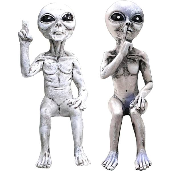 Alien Statue, Udenjordisk Have Statue Figur, Alien Statue til Havedekoration, Grå - Alien - Indendørs og Udendørs Dekoration 2 Stykker