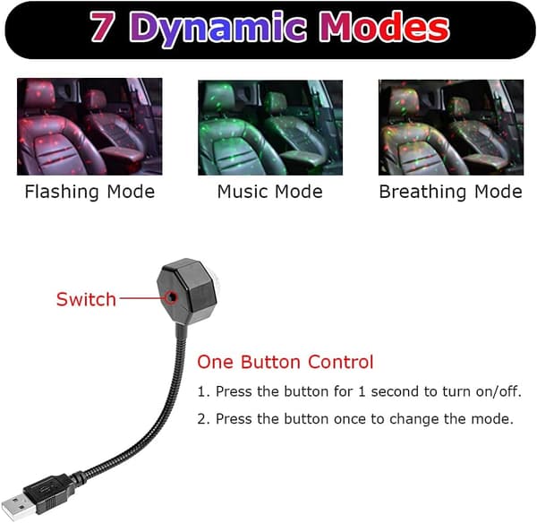 USB-bilinnvendig lys, atmosfærisk nattlys 3 dynamiske moduser Ro