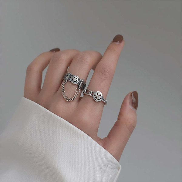 2 stk. gotiske S925 kno-ringe sæt Smiley finger ring med kæde kvast halvåben midi ring til kvinder eller mænd (A + B)