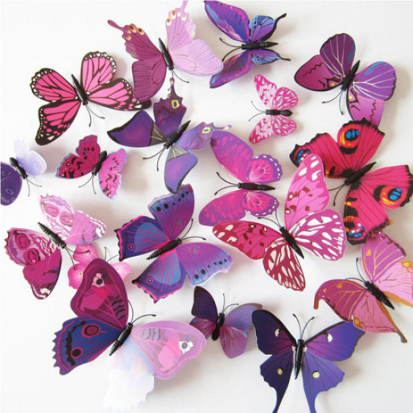 Butterfly wall decorations 3D with magnets 12 pcs / pack Purple