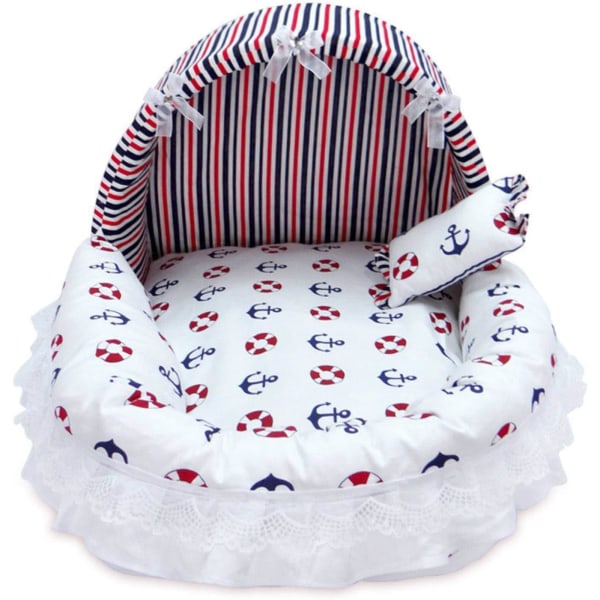 Luxury Princess Pet Bed with Comfortable Cushion Dog Basket Lovely Cat Bed Puppy Mat Sofa Dog House Nest Sleeping Cushion Kennel M Stripe Navy