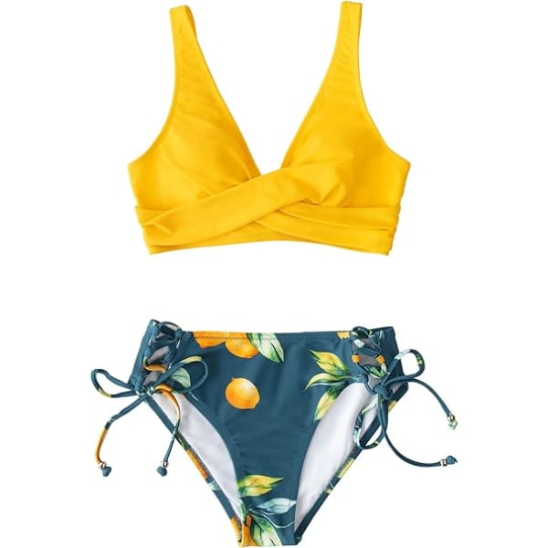Kvinnor Rynkad Twist Bikini Set Blommig Tryck Spets Upp Bikini Set 2 P