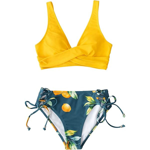Kvinnors rynkade twist bikini set blommigt tryck spets upp bikini set 2 P
