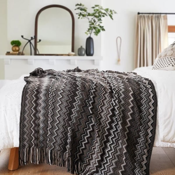 (Svart, 127 × 170 cm) Bohemian filt, svart stickad filt för
